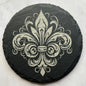 Fluer de Lis slate coasters, laser etched, high contrast