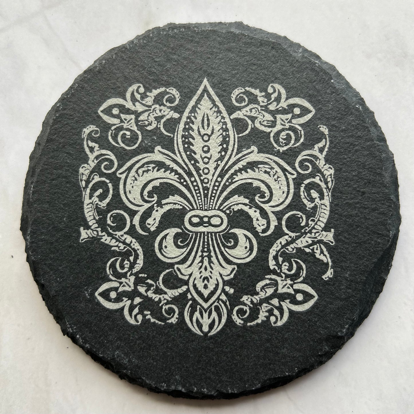 Fluer de Lis slate coasters, laser etched, high contrast