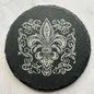 Fluer de Lis slate coasters, laser etched, high contrast