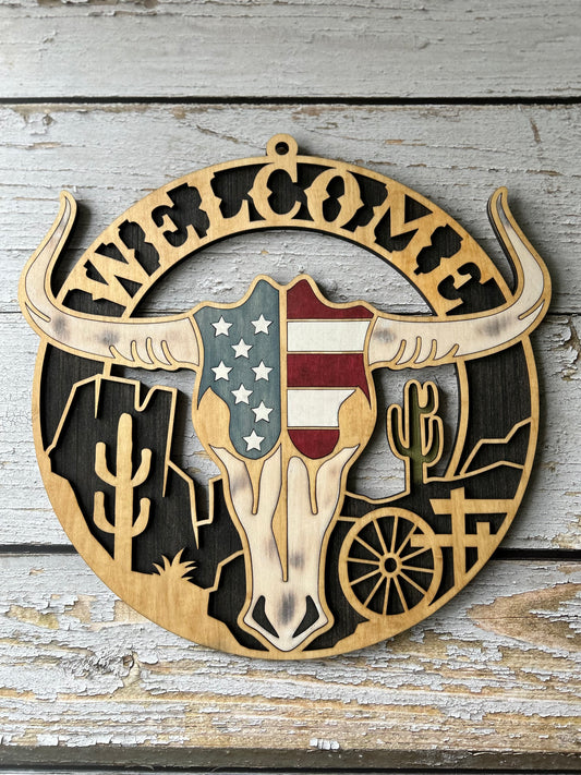 Western Longhorn Wall Art - Laser cut, multi-layer wood, hand painted, great for any room