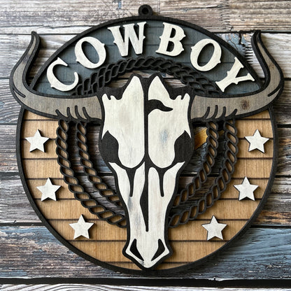 Western Longhorn Wall Art, Cowboy Theme - Laser cut, multi-layer wood, hand painted, great for any room