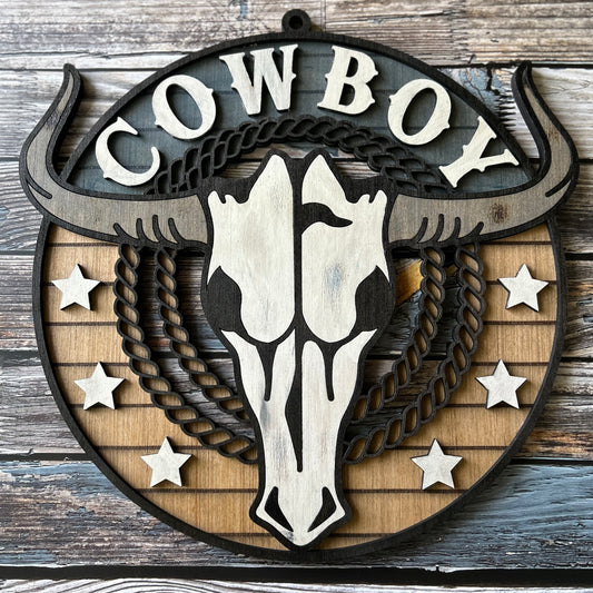 Western Longhorn Wall Art, Cowboy Theme - Laser cut, multi-layer wood, hand painted, great for any room