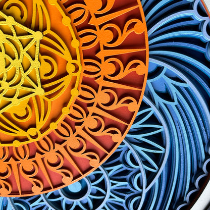 Multi-Layer Mandala Sun, Stars and Sky - Ten layers of laser cut wood, hand painted