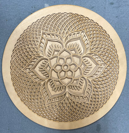 Rosette created with multiple laser cut layers, hand painted in blue and green hues. Also available as unpainted and unassembled.