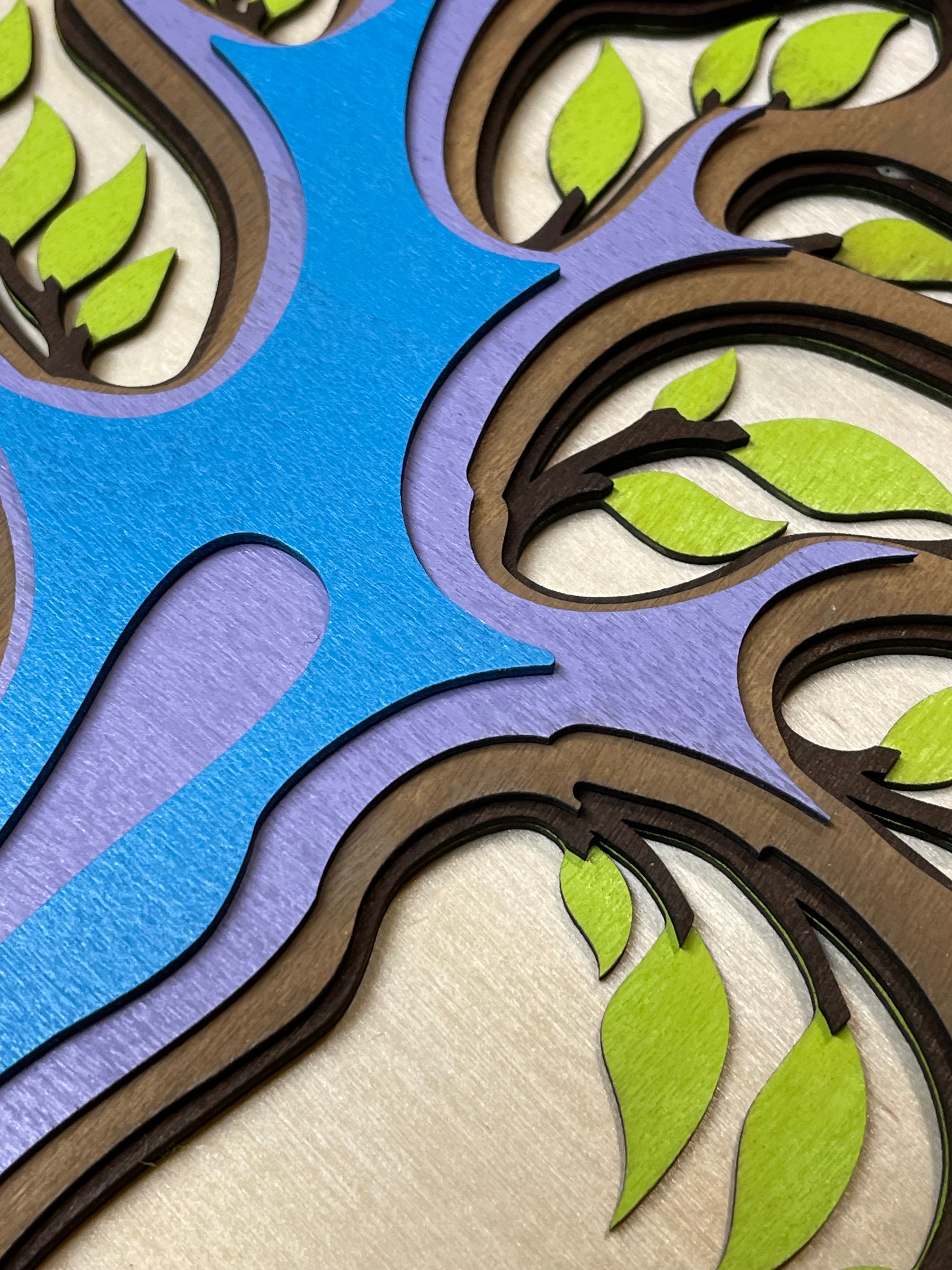 Tree of Life - Laser cut, hand painted and assembled wooden artwork close up