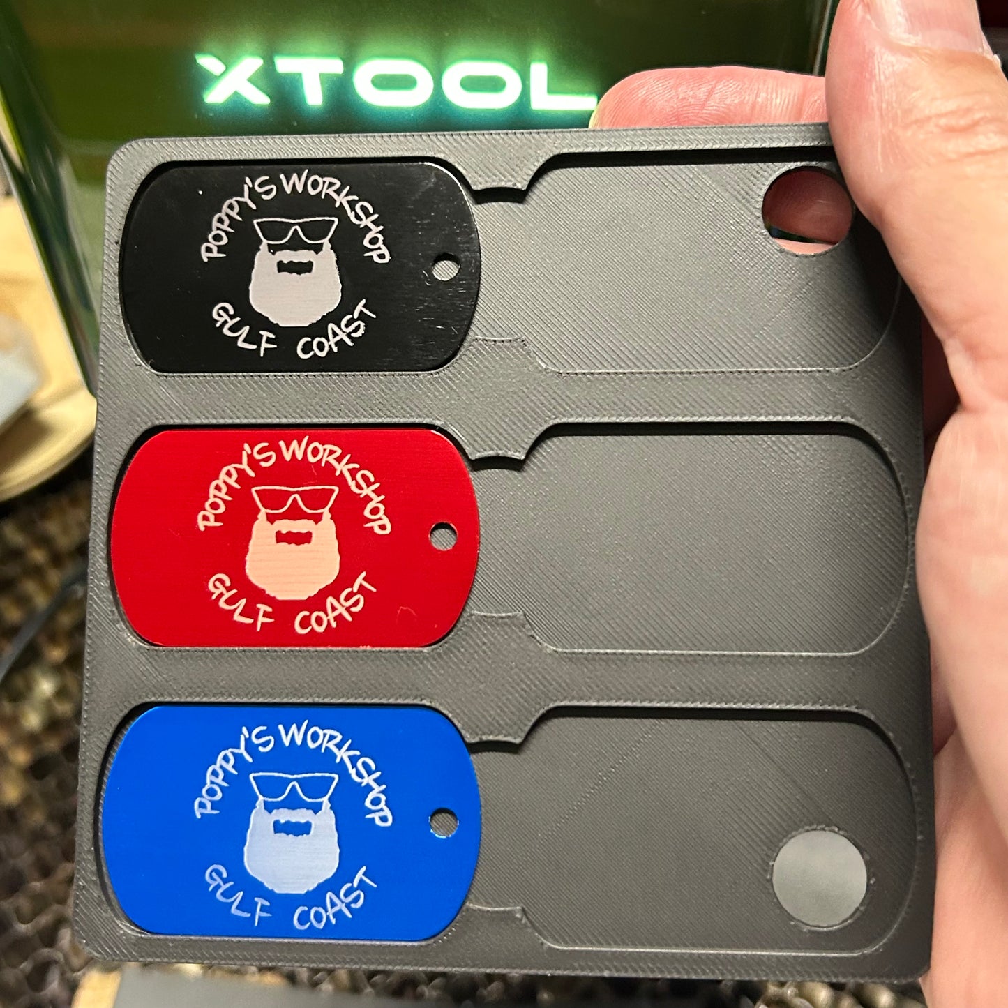 xTool F1 Military Dog Tag jig. 3d printed specifically for the xTool F1. An xTool XCS layout file will be provided.