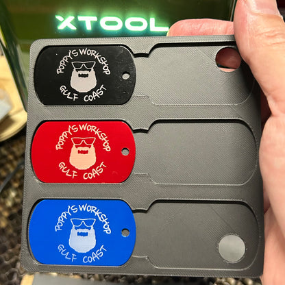 xTool F1 Military Dog Tag jig. 3d printed specifically for the xTool F1. An xTool XCS layout file will be provided.