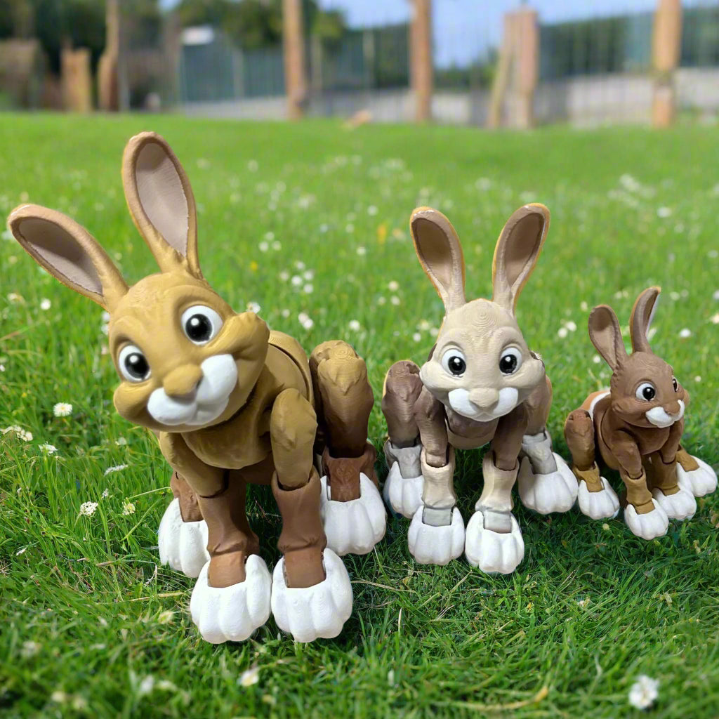Three rabbits sitting in a field