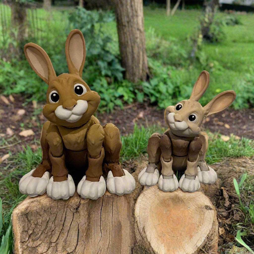 Two bunny rabbits sitting on a stump