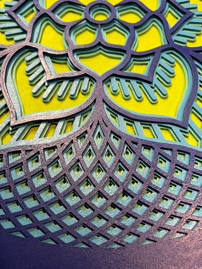 Rosette created with multiple laser cut layers, hand painted in blue and green hues. Also available as unpainted and unassembled.