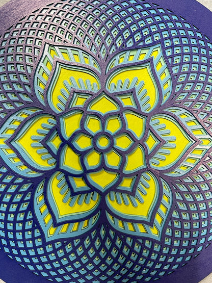 Rosette created with multiple laser cut layers, hand painted in blue and green hues. Also available as unpainted and unassembled.